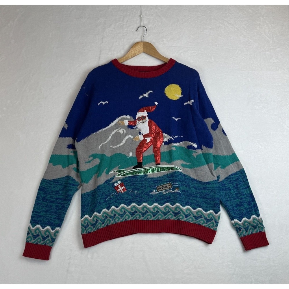 Funny Santa Claus Surfing Christmas Ugly Sweater Size L